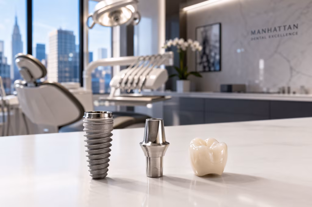 Dental implant components and treatment stages displayed in New York clinic