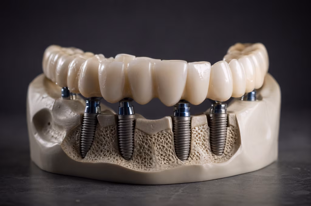 Full-arch dental implant model showing All-on-4 and All-on-6 cost comparison