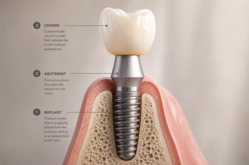 Dental implant structure showing root abutment and crown layers