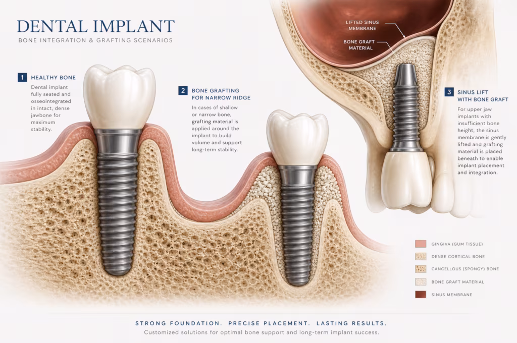 Jaw bone diagram showing implant placement versus bone grafting need